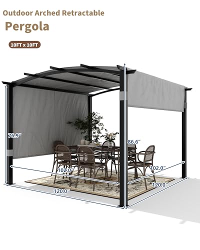 Image of KYBOLT 10x10 Ft Outdoor Arched Pergola Metal Gazebo with Retractable Canopy for Garden Patio Backyard Deck Lawns(Gray)
