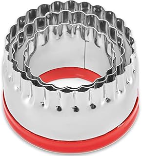 COOKIEQUE 3 Pieces Fluted Round Cookie Cutters, Ring Biscuit Cutters Set, Pastry Cutters for Scones, Unique Design Baking Tool with Protective Red PVC