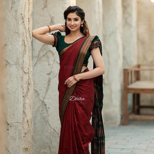 Image of DHIHA Gadwal Cotton Saree for Women | Pure Kalyani Cotton Saree with Zari Border Tassels & Blouse | Kanjivaram Linen Silk | Handloom Weave