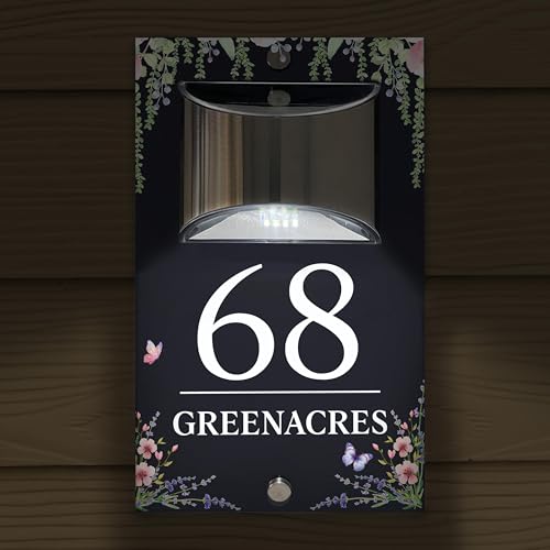 Plaque Numéro Maison Solaire LED Personnalisée, Plaque Adresse Extérieure Étanche Impression UV, Numéro Maison Lumineux avec Installation Vis ou Adhésif pour Mur Porte Jardin (Style 4)