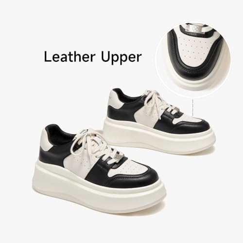 Image of BEAU TODAY Platform White Sneakers for Women,Leather Casual Tennis Shoes