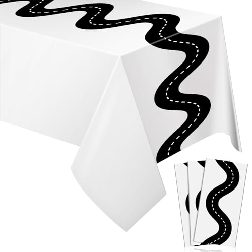 Irenare 3 Pcs Racing Table Cloths Car Birthday Party Supplies 54 x 108 Inch Racetrack Table Runner Covers Disposable Rectangular Road Tablecloth for Kids Boy Car Theme Birthday Party Decor (White)