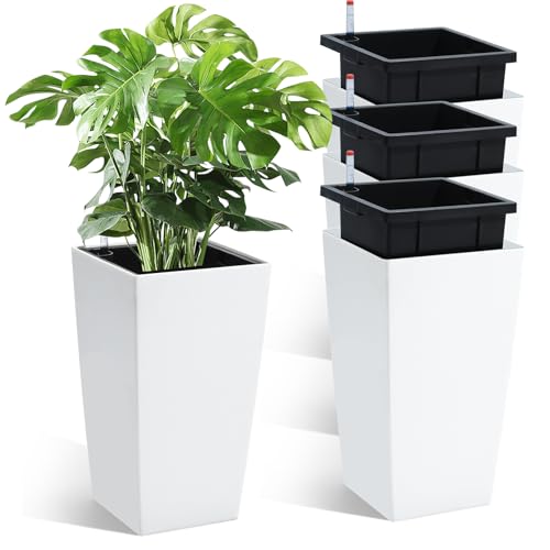Garvee 16" Tall Planters Set of 4, Outdoor＆Indoor Black Planter Pots, High Front Porch Planter Pots with Drainage Holes＆Water Level Monitor＆Inne