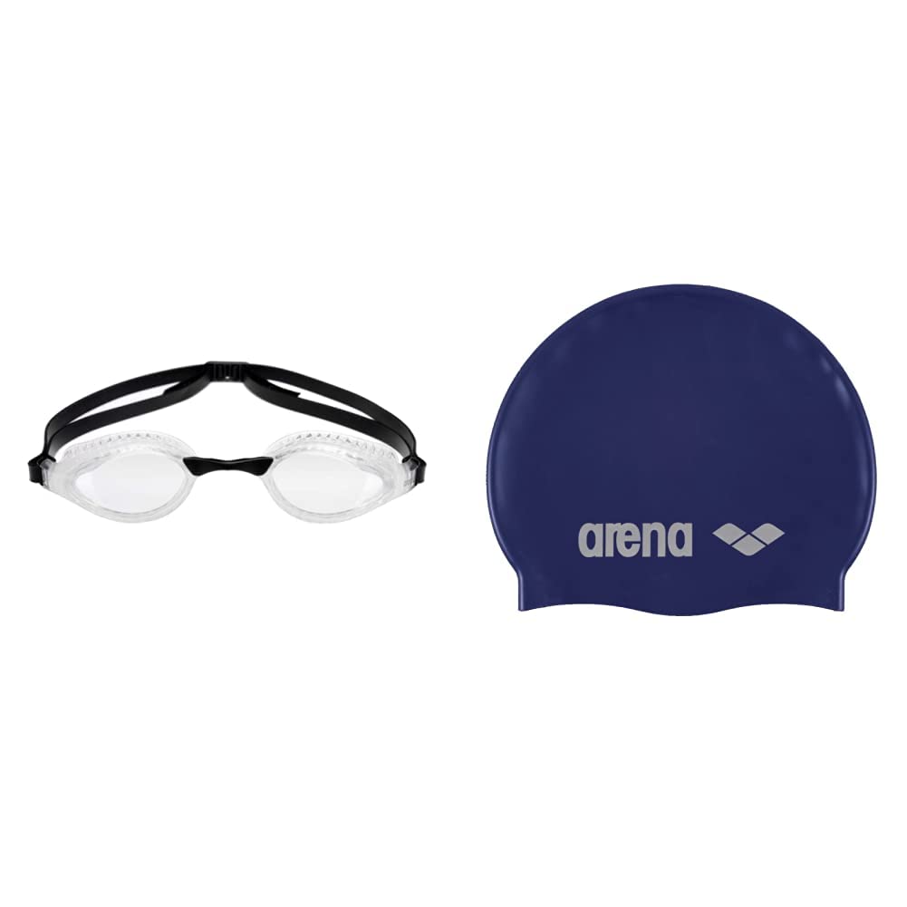 ARENA Da Competizione Unisex Airspeed, Occhialini Adulto, Bianco (Clear-Clear), Taglia unica & Classic Silicone, Cuffia Unisex Adulto, Blu (Denim/Silver), Taglia Unica