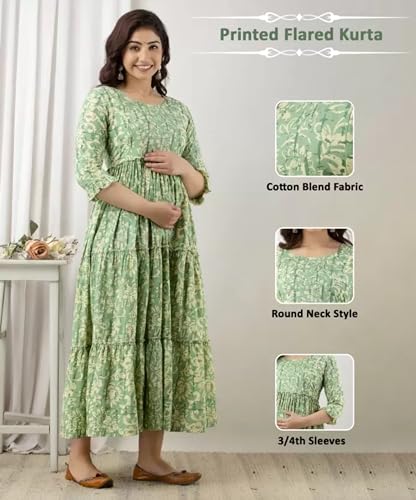 Image of GIRISHA Enterprises Women's Rayon Printed Anarkali Maternity Kurta Dress with Zippers