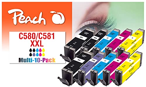 Peach C580/581 Lot de 10 Cartouches d'encre XL (2 x K, PBK, 2 x C, 2 x M, 2 x Y, Bleu) Remplace Canon PGI-580XXL, CLI-581XXL pour Canon Pixma TS 6350, Canon Pixma TS 8350, Canon Pixma TS 8151
