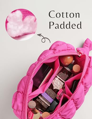 Yarnic Quilted Makeup Bag Cosmetic Bag, Travel Toiletry Bag for Women, Cute Makeup Bag Organizer Hot Pink Puffer Makeup Pouch (M, Hot Pink)