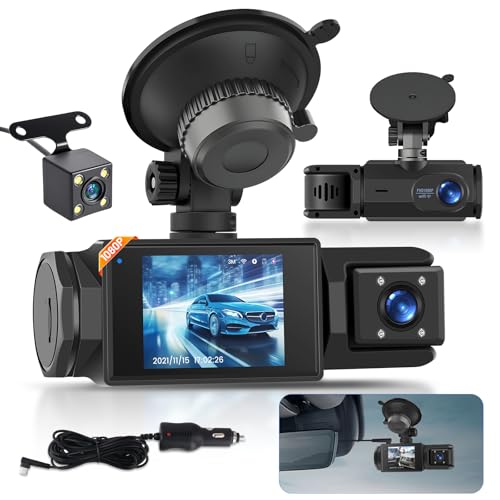 3 Canales Dash CAM, WiFi Dashcam, 1080P Dash CAM Interior Delantero y Trasero, Full HD Cámara de 2 Pulgadas con Pantalla IPS y Grabación en Bucle, Visión Nocturna, Detección de Movimiento