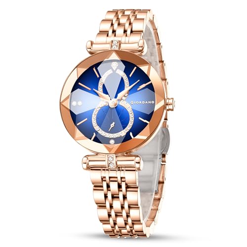 Image of Giordano Luxury Watch for Women - Round Diamond Cut Glass Dial, Elegant Stainless Steel Strap with Quartz Movement