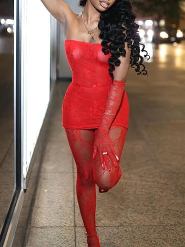 Image of Mojessy 2 Piece Outfits for Women Sexy Lace Tube Mini Dress Top with Stockings Legging Set Birthday Outfits