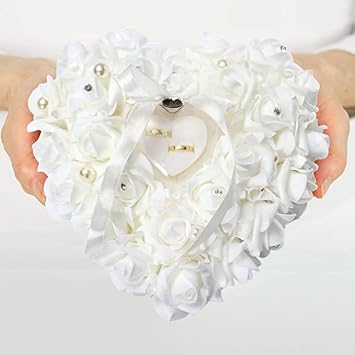 GOTOTOP Wedding Pillow, White Heart Shape Wedding Box for Wedding Lace Crystal Rose Heart Box Wedding Holder Gift