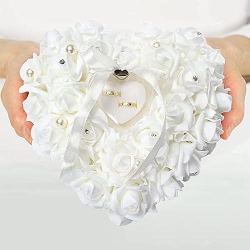 GOTOTOP Wedding Pillow, White Heart Shape Wedding Box for Wedding Lace Crystal Rose Heart Box Wedding Holder Gift