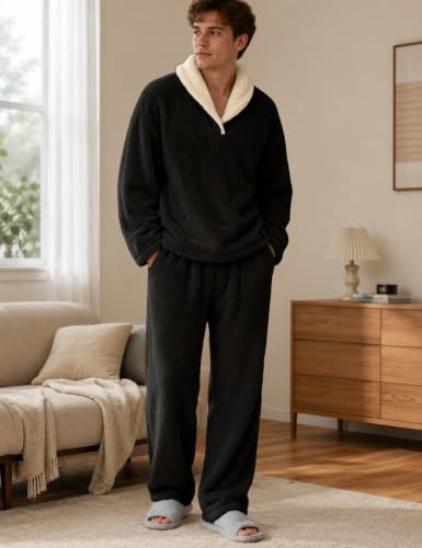 Image of Mens Fluffy Coral Fleece Pajamas Set Pullover Pants Loose Plush Warm Loungewear Sleepwear