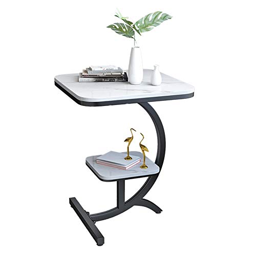 Mesa de sofá de mármol cuadrada moderna para salón mueble auxiliar de hierro de dos niveles blanco 1