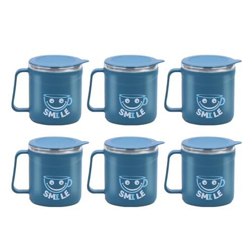 Image of ATTRO Happy Mug Set of 6-Comes with Double Wall Inner Stainless Still & Lid Stylish Cup Ideal for Hot Coffee, Tea - 300ml-Blue