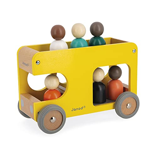 Image of Janod - Bolid Solid Wood School Bus - 6 Characters Included - Silent Wheels - Imagination and Fine Motor Skills - FSC Certified - Water Painting - From 2 Years, J04635, Yellow