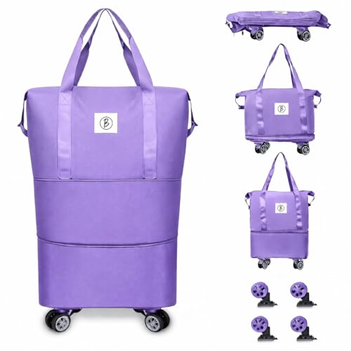 Image of Btag Travel Duffle Bag with Wheels |Convertible Handbag, Trolley & Shoulder Luggage for Clothes |Space-Saving Foldable Travel Companion |Expandable & Waterproof Traveling Bag for Unisex (Light Purple)