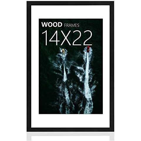 POUKROO 14x22 Poster Frame Matted to 11x17 Black Soild Wood Display Picture Puzzle Artwork Canvas Art Painting 11 by 17 with Mat Opening or 14 x 22 without Mat Horizontal or Vertical for Wall Hanging Cover