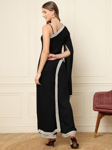 Image of DEEBACO Women's Solid Rayon Ankle Length Tunic & Palazzo|Cape Sleeve|Cord Set for Women Fashion|Long Jumpsuits Western Dress for Women Stylish Two Piece Co ord Set|Casual Wear(Black)
