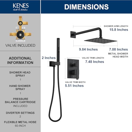Image of KENES Matte Black Square Rainfall Shower System Faucet Set with Handheld