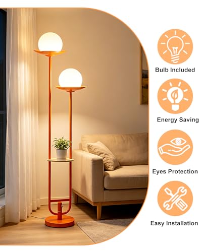 Image of Orange Dimmable Double Globe Floor Lamp with Shelf, 63 inch 2-Light Mid Century Modern Standing Lamp for Living Room Bedroom, 3000K Warm White Tall Pole Lamp with Foot Switch for Home Office