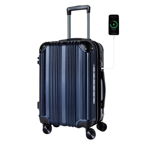 OUZZO 20 Inch Carry On Luggage with USB Port, 22x14x9 Airline Approved, Hardshell Expandable Suitcase with Spinner Wheels, TSA Lock, Corner Protectors, Travel Luggage for Business & Plane – Blue