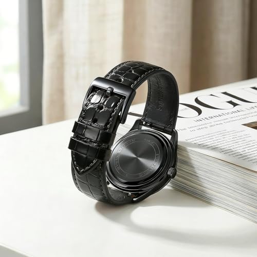Korwuira 22mm Premium Leather Watch Band for Men, Alligator-Embossed, Black