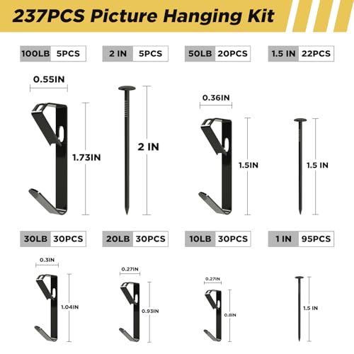 Image of Picture Hanging Hooks 237 Pieces,10LB 20LB 30LB 50LB 100LB Picture Hangers ,Nails Hanging Kit, Metal Picture Hangers for Drywall Wooden Wall,Black