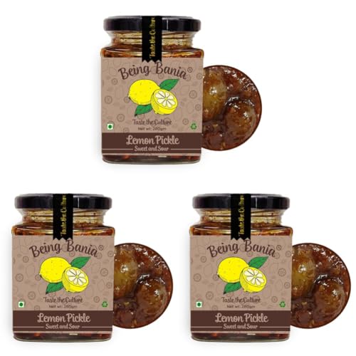 Image of Being Bania Sweet Lemon Pickle - 100% Natural with added Hing flavor | Khatta Meetha Nimbu Achar | No Preservatives, No Additive | Handmade Gourmet Pickles | Lime Pickle (Pack of 3)