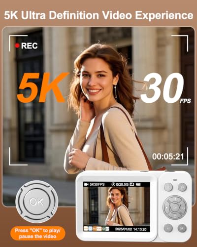 Image of Digital Camera, 5K 80MP Dual Screen, Auto Focus for Beginners Teens | Point and Shoot Camera with 18X Zoom, 32GB Card & 2 Batteries, Great Travel Vlogging Camera for YouTube, White