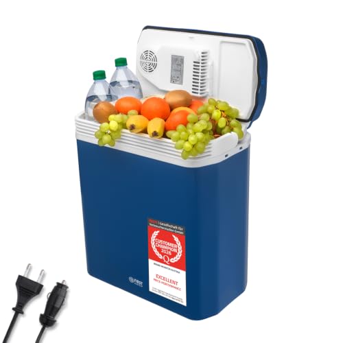 TZS First Austria - Réfrigérateur portable 24L électrique 12V 230V prise voiture & standard - Box thermoélectrique refroidit & chauffe - Glacière avec poignée - Pour camping, festival, voyages - Bleu