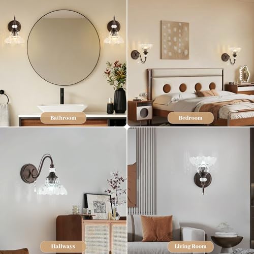 Image of 1 Piece Oil Rubbed Bronze Finish Wall Sconce, 1-Light Modern Wall Sconce with Hanging Crystal Accents and Flower-Shaped Clear Shades for Bathroom Bedroom Living Room,Modern Vanity Light