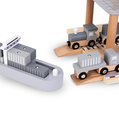 Mamabrum Hafenkran Spielset mit Magnetwinde, Holz-LKW, Lokomotive, Waggons, Frachtschiff & 12 Container - Lehrreiches Holzspielzeug für Kinder ab 3 Jahren (20 Teile)