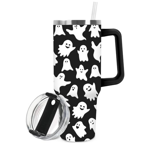 JarThenaAMCS Halloween Tumbler with Lid and Straw 40oz Black White Ghost Tumbler with Handle Cute Boo Stainless Steel Cup for Home Office Travel