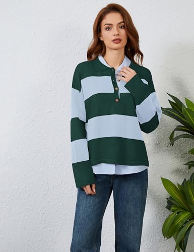 Image of Womens Striped Sweater Rugby Polo Shirts Y2k Collar Pullover Tops | Rugby Shirt,Long Sleeve Knit Top,Lapel V Neck Jumper,Oversized,Casual Outings Streetwear,Preppy Sweater,Fall Winter Clothes