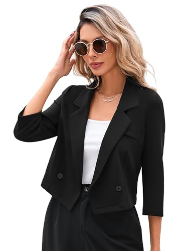 KOJOOIN Blazer Damen Leicht Cropped Business Blazerjacke Casual Offene Blazer 3/4 Ärmel kurz Arbeit Büro Jacke Schwarz XL