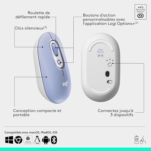 Logitech Pop Mouse, Souris Bluetooth sans Fil compacte et Portable avec Boutons programmables et clics discrets, Easy-Switch Entre 3 dispositifs, Ordinateur Portable, Tablette, PC - Lilas
