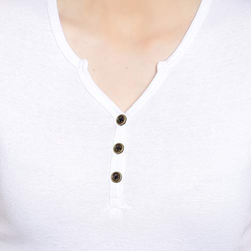 Image of Women Solid Slim Fit Henley V-Neck Button Front Short Sleeve Casual Cotton Top