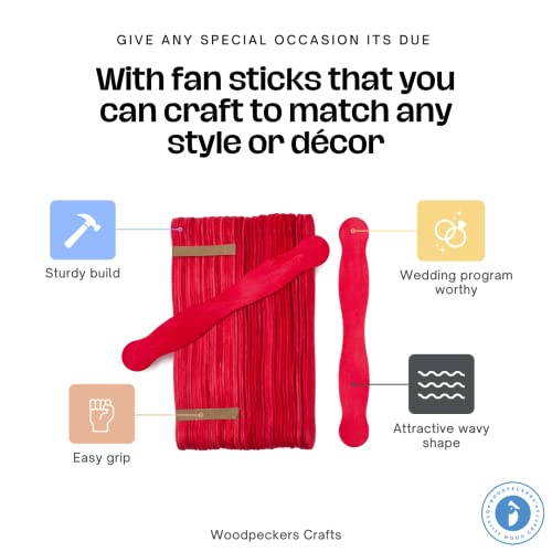 Wooden Red 8" Fan Handles, Wedding Programs, Paint Mixing, Pack 50, Jumbo Craft Popsicle Sticks For Auction Bid Paddles, Wooden Wavy Flat Stems For Any Diy Crafting Supplies Kit, By Woodpeckers #TOP2