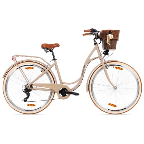 Goetze Mood Damen Citybike 28 Zoll | 18 Zoll Aluminiumrahmen | 7-Gang Kettenschaltung | V-Bremse | LED-Beleuchtung | Rattankorb | Gepäckträger | Tiefeinsteiger | Komfortsattel