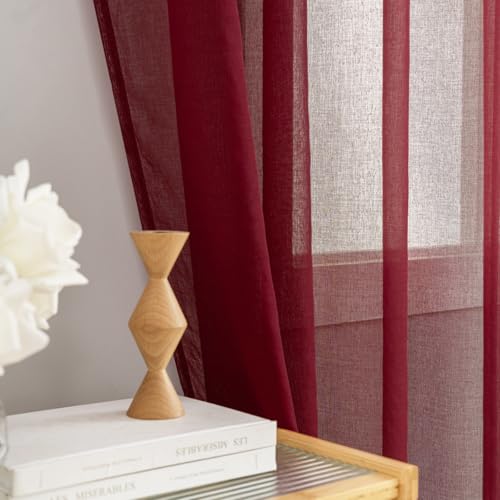 Image of Sheer Curtains Burgundy 95 Inches Long, Window Treatments Rod Pocket Drapes for Living Room, Bedroom, Semi Crinkle Extra Wide Curtains for Yard, Patio, Villa, Parlor, 108 inchW x 95 inchL, 2 Panels