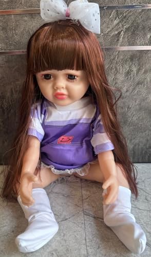 Image of Realistic Baby Doll with Pink Striped Floral Dress, Long Brown Hair, Soft Vinyl Body, 25cm Height, Movable Limbs, Matching Hair Bow
