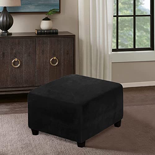 Housse de repose-pieds carré M noir en velours extensible épais pour salon - 3