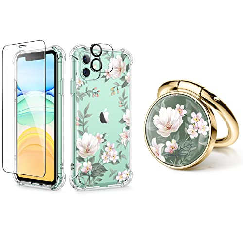 GVIEWIN Flower Bundle - Compatible with iPhone 11 Case + Phone Ring Holder (Magnolia/White)