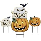 TERESA'S COLLECTIONS Metal Halloween Yard Stakes, Halloween Decorations for Outdoor with Ghost Pumpkins Solar Light, Stacked Jack-o-Lantern Garde Stakes Decor for Pathway Patio Party, 25"