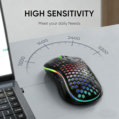 Image of MELOGAGA Wireless Gaming Mouse RGB Rechargeable Lightweight Honeycomb Black | 7-Color LED Light, 4 DPI Levels, USB-C Recharge & Stable 2.4G Wireless for PC Mac Laptop Desktop Computers