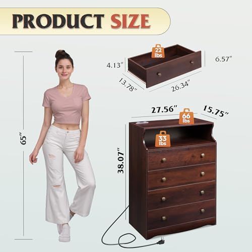 WLIVE LED Dresser for Bedroom, Tall Wood Dresser with 4 Drawers and Open Shelf, Chest of Drawers with Charging Station and LED Lights for Living Room, Hallway, Closet, Rustic Brown