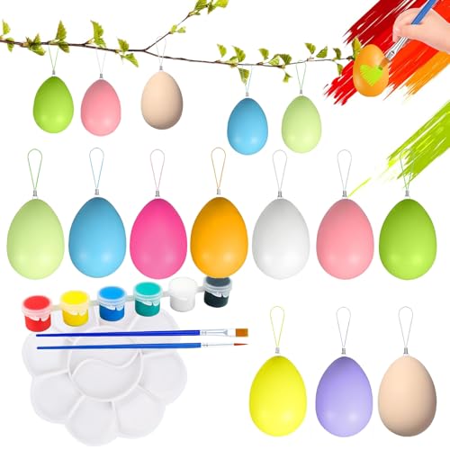 Onlvmyur Huevos de Pascua, 20 Piezas Huevos Colgantes Multicolores con 2 Pinceles 1 Paleta 6 Colores Acrílicos Bricolaje Huevos de Plástico para Decoración de Pascua, Pintar y Colgar