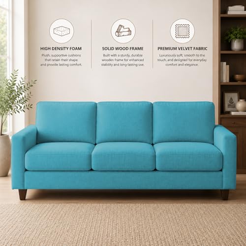 Image of Casaliving Gladino Modern Velvet Fabric Sofa, Tufted Design Upholstered 3 Seater Sofa Set for Living Room, Premium Velvet Fabric Sofa (Yellow)