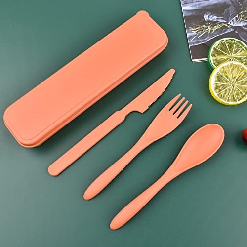 Reusable Plastic Cutlery with Case, Portable Dark Utensils Set for Kids Adults, Tableware Camping Biodegradable Utensils for Kitchens, Dishwasher Safe (Dark Orange)